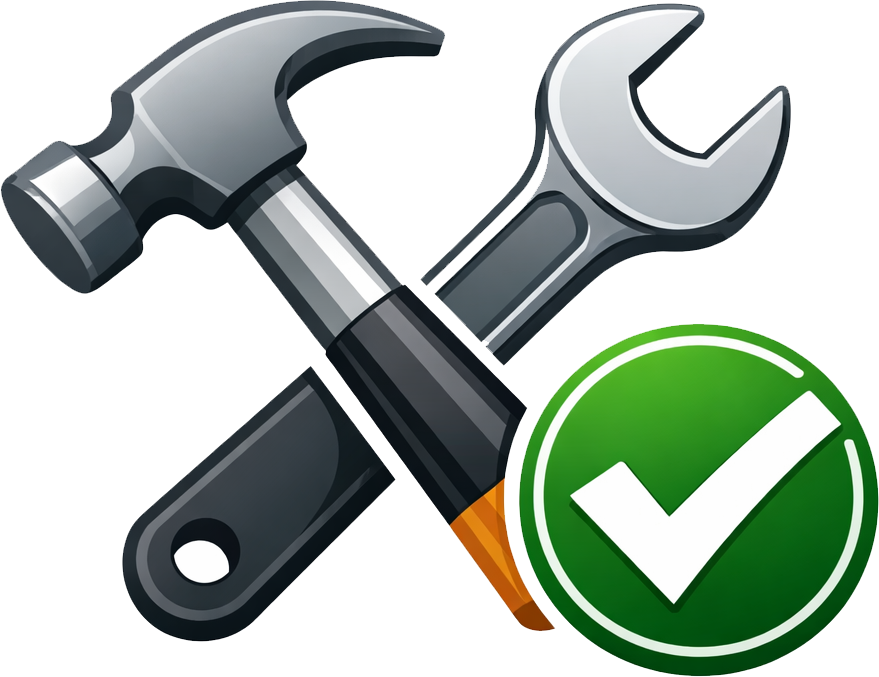 Hammer and wrench with checkmark representing quality workmanship in residential and commercial construction services