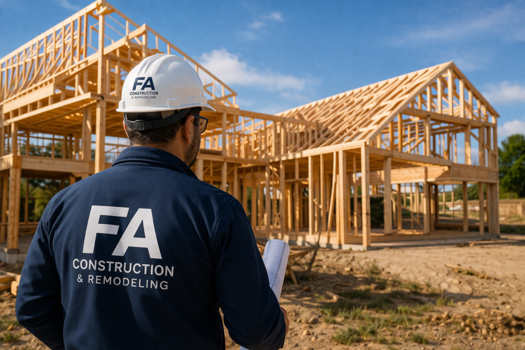Civil engineer wearing FA Construction jacket and hard hat inspecting residential wood framing construction site in Sonoma County