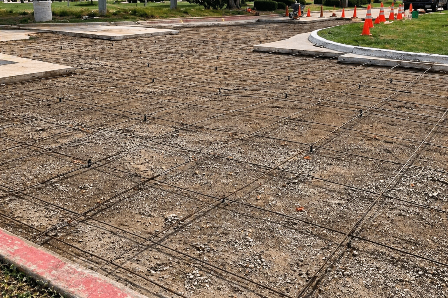 Concrete rebar grid preparation for driveway in Rohnert Park CA before concrete pour