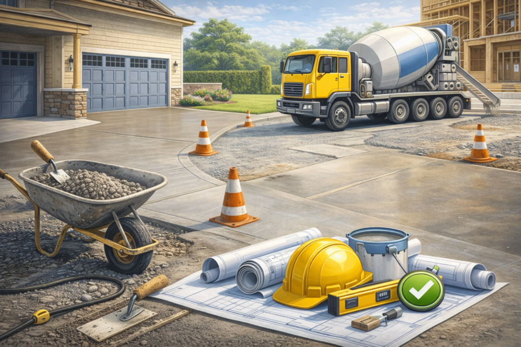 Concrete services illustration showing driveway installation, foundation work, and patio construction in Sonoma County and the Bay Area