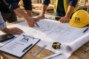 Construction team reviewing blueprints and project plans on-site with tools and hard hat in Sonoma County