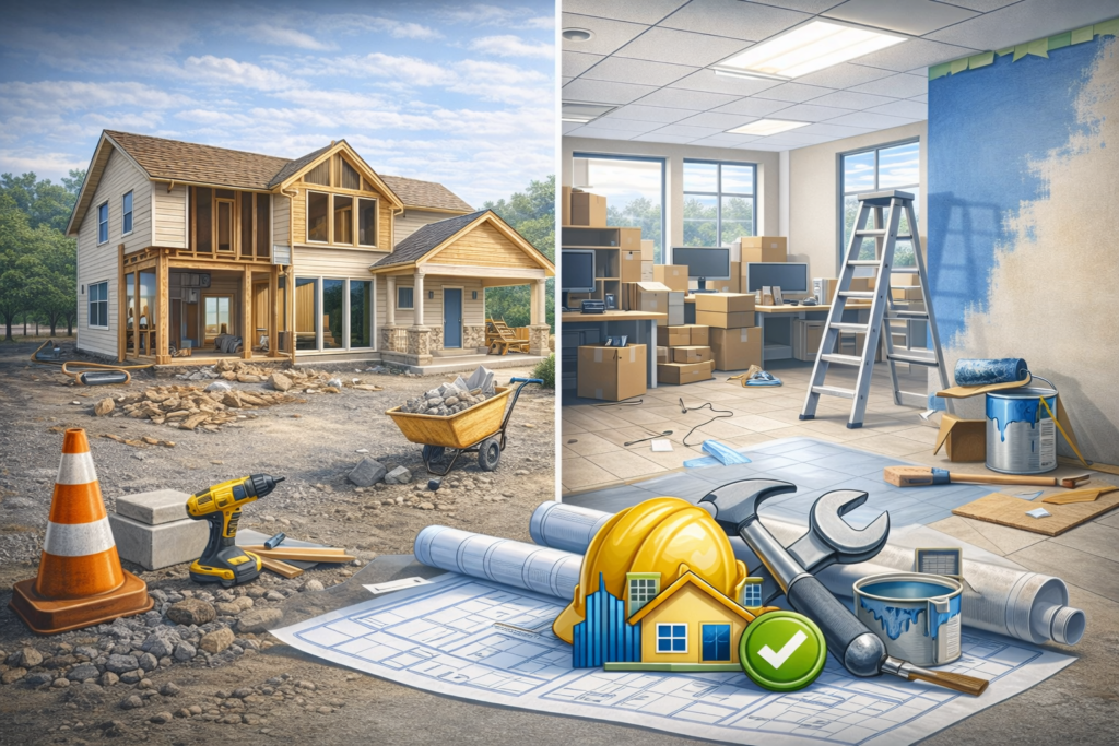 Home and commercial remodeling illustration showing residential renovation and office remodeling services in Sonoma County and the Bay Area