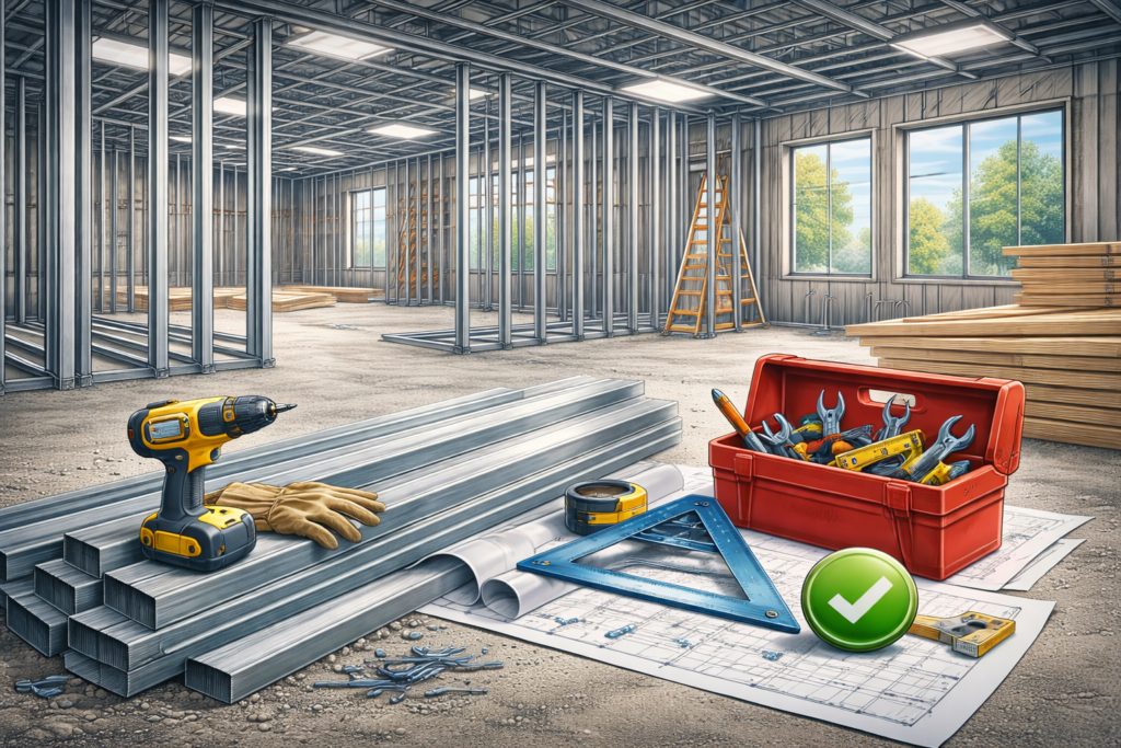Metal framing illustration showing steel stud framing for commercial construction projects in Sonoma County and the Bay Area