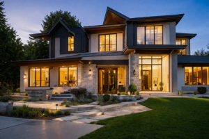 Modern custom home exterior with landscaping and lighting completed by construction company in Sonoma County