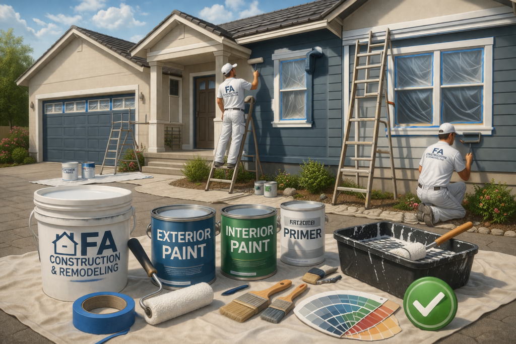 Painting services illustration showing residential home exterior painting and commercial building painting in Sonoma County and the Bay Area