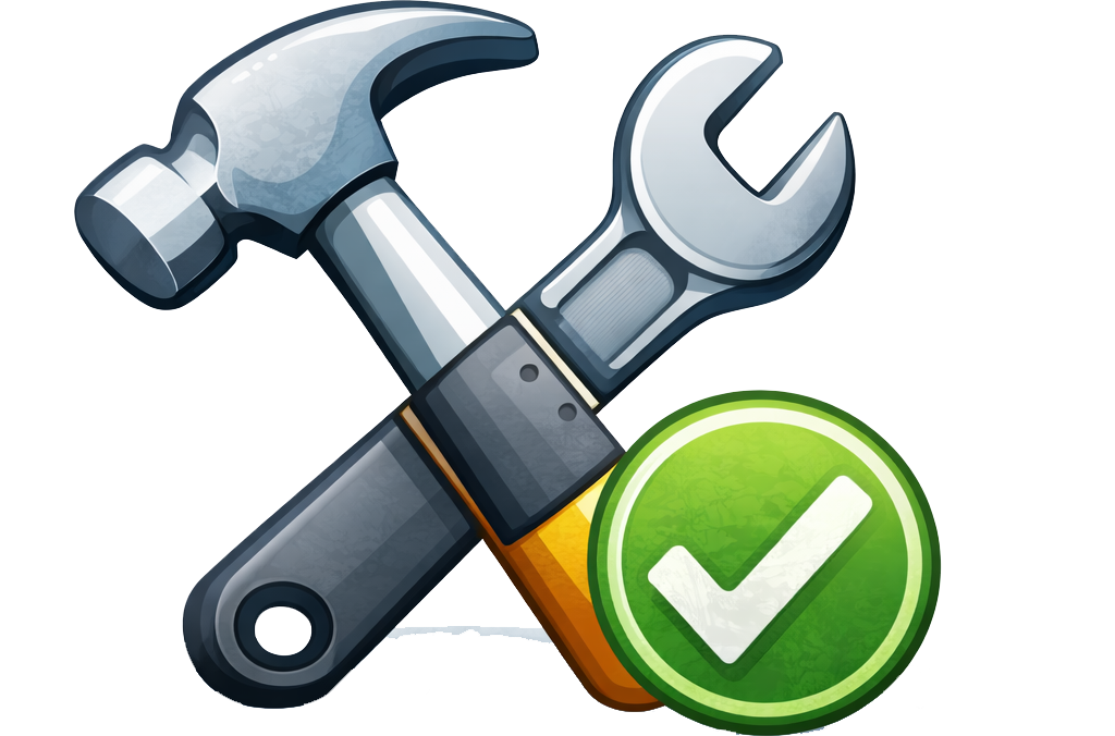 Hammer and wrench with checkmark representing quality workmanship in construction and remodeling services in Sonoma County and the Bay Area