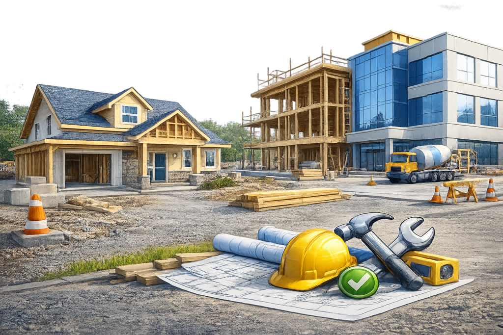 Residential home and commercial building construction illustration representing construction and remodeling services in Sonoma County and the Bay Area