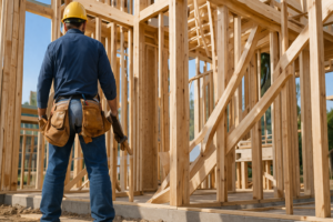Construction worker with tool belt inspecting residential wood framing structure at job site in Sonoma County