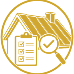 Final roof inspection icon showing completed metal roofing with checklist approval