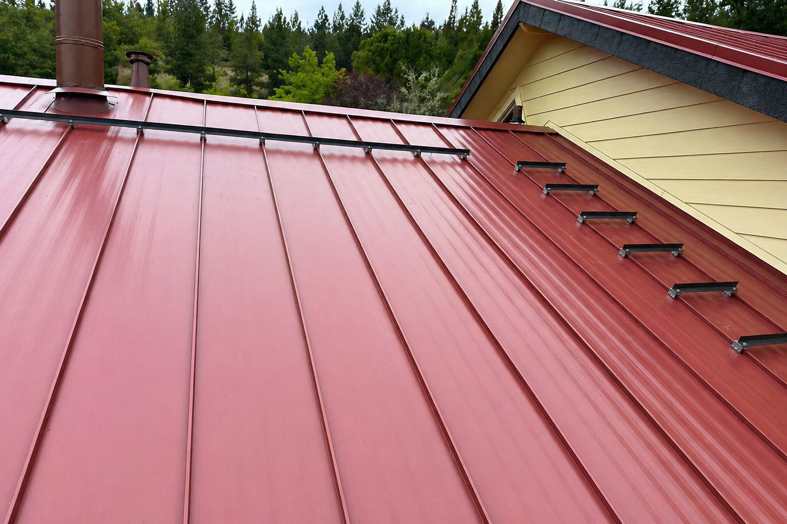 Standing seam metal roof detail on residential home in Walsh Landing Sonoma County CA showing panels and mounting system